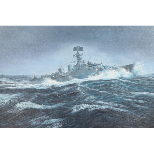 366 - Keith Sutton (Blackpool Artist 1924-1991); a framed oil on board seascape of HMS Gurkha. Titled and ... 