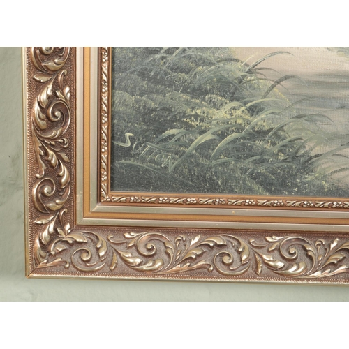 367 - Keith Sutton (Blackpool Artist 1924-1991); a gilt framed oil on board landscape scene depicting a wi... 