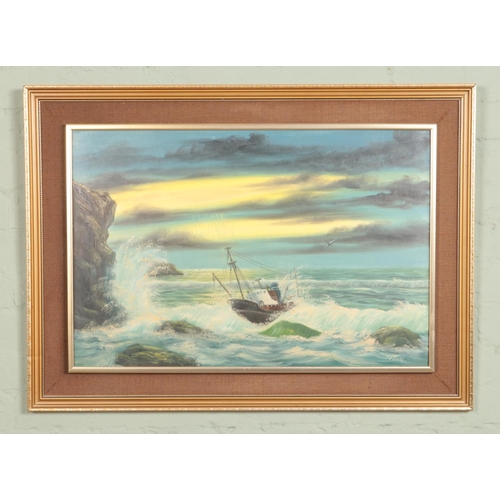 368 - Keith Sutton (Blackpool Artist 1924-1991); a framed oil on board seascape of a fishing boat on chopp... 