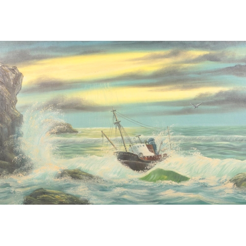 368 - Keith Sutton (Blackpool Artist 1924-1991); a framed oil on board seascape of a fishing boat on chopp... 