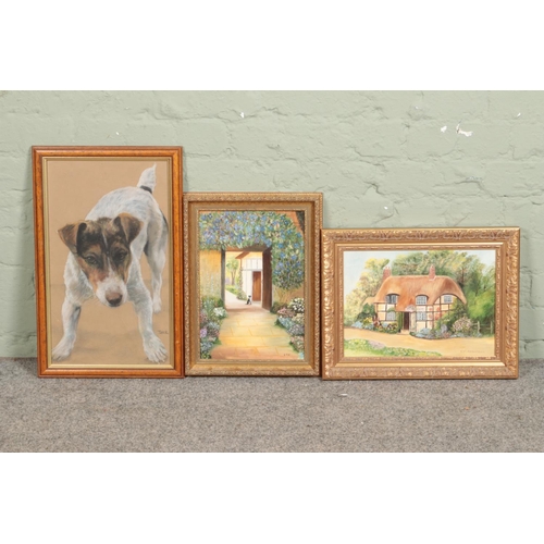 369 - Three framed artworks, to include two oil on boards of cottage scenes and a watercolour and pastel d... 