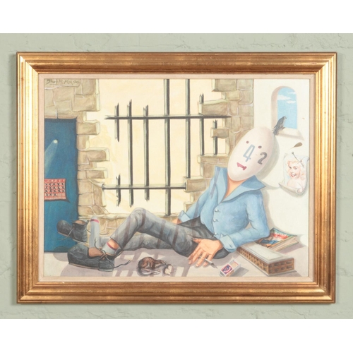 387 - Thomas McMath (unknown), a framed acrylic on canvas 'Man in Prison Cell'. Signed to the top left. He... 