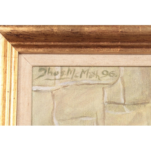 387 - Thomas McMath (unknown), a framed acrylic on canvas 'Man in Prison Cell'. Signed to the top left. He... 