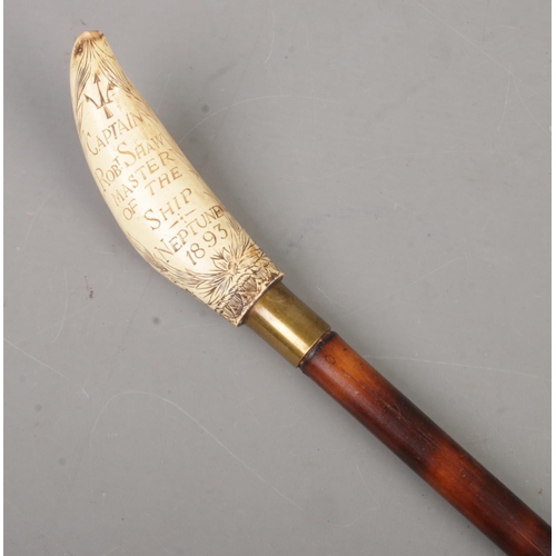 84 - A bamboo walking cane with faux scrimshaw pommel carved for Captain Robert Shaw, Master Of The Ship ... 