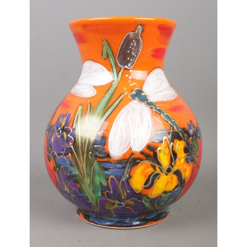 493 - An Anita Harris Dragonflies, Iris and Reed vase on orange background. Stamped and gold signed to bas... 