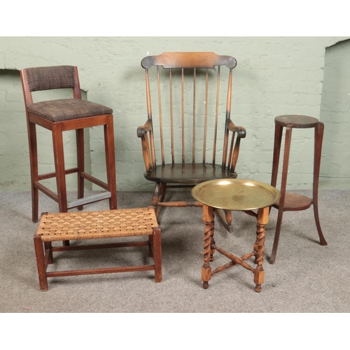 521 - A quantity of assorted furniture, to include rocking chair, bar stool with back rest and folding tab... 