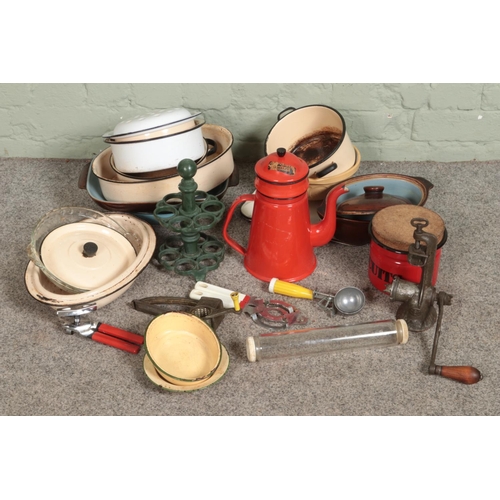 264 - Two boxes of assorted vintage Kitchenalia including Mincer, Pyrex rolling pin, Denby stoneware, enam... 