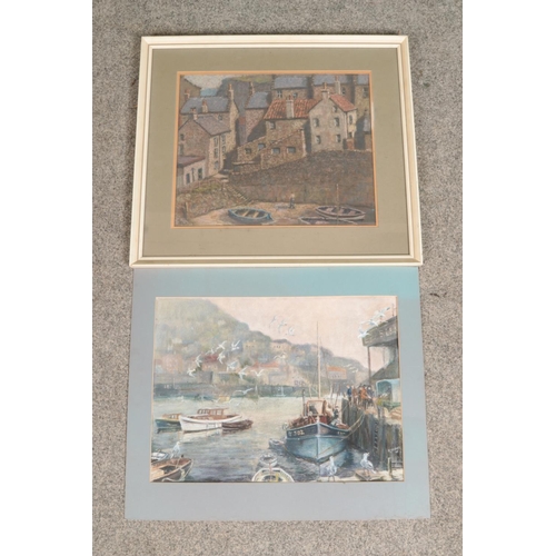 375 - Two pastel artworks one signed (indistinguishable) both of coastal scenes.