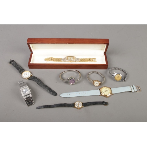 68 - A collection of ladies wrist watches including Montine, Ingersoll Diamond Special set with white and... 