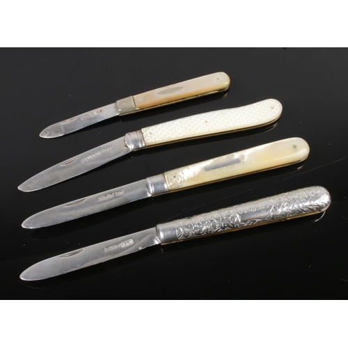 432 - A collection of four silver bladed folding fruit knives including mother of pearl handled examples o... 