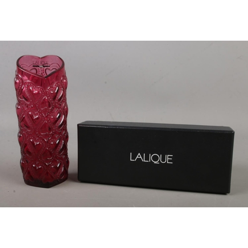 448 - A Lalique rouge heart motif glass vase 