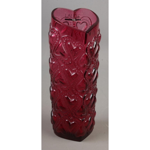 448 - A Lalique rouge heart motif glass vase 