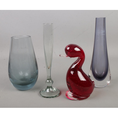 450 - A collection of four Whitefriars glass, including Whitefriars Dilly Duck, Lilac teardrop vase Pat 95... 