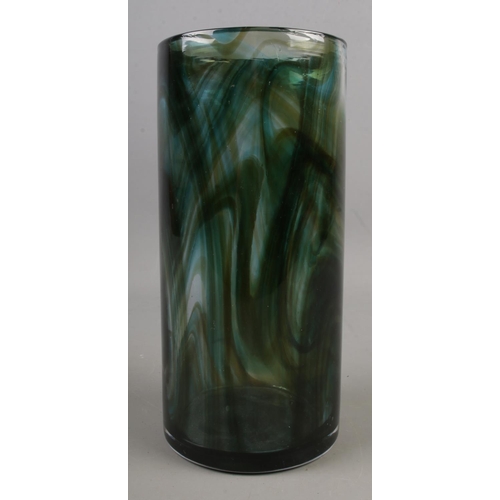 451 - Whitefriars, Green and amber cylindrical vase Pat 9784, 22cm.