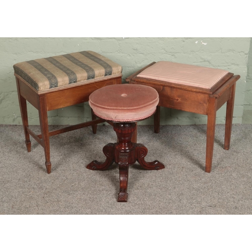 515 - Three padded stools including two piano stool examples with storage compartment.