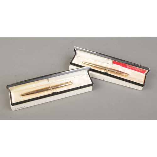 496 - Two cased and boxed gold plated Parker fountain pens. One marked Credit Populaire D'Algerie, 1978, t... 