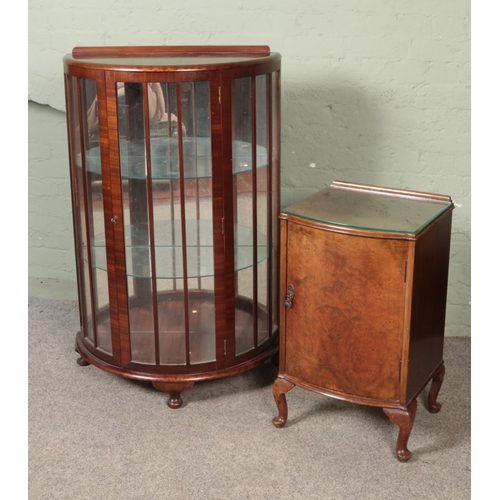 532 - A vintage mahogany display cabinet with mirrored back with a burr walnut bedside cabinet.