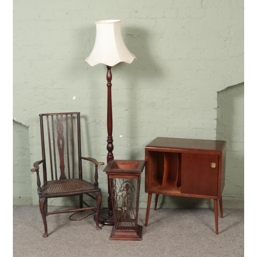 543 - A collection of assorted furniture to include turned standard lamp, vinyl record cabinet, stick stan... 