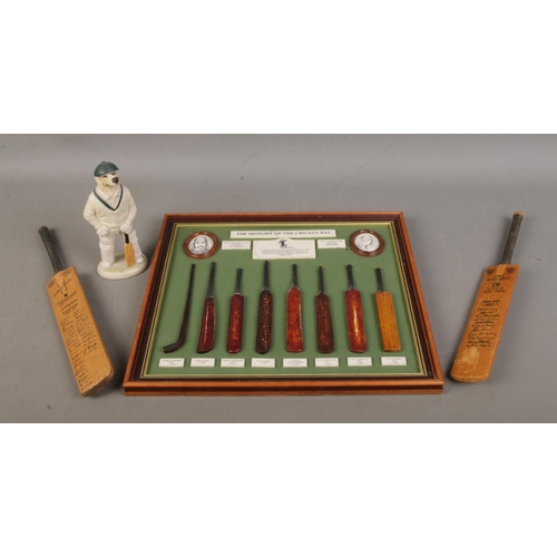 116 - A small collection of cricket memorabilia, to include 'The History of the Cricket Bat' display, two ... 