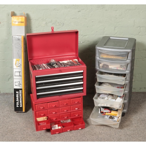 339 - Two metal and one other tool drawers with contents along with a Tooltec folding workbench and foldin... 