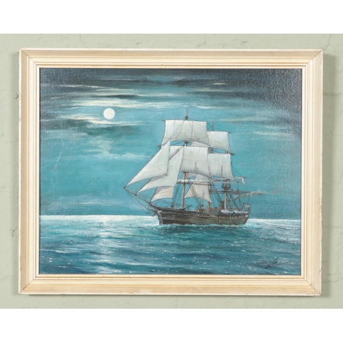 351 - Norman Scott (British); An oil on board depicting a multi-sail ship on seas, titled 'Aberdeen Whaler... 