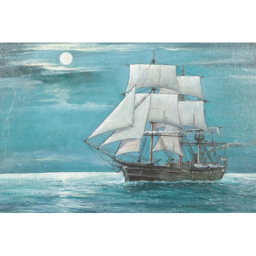 351 - Norman Scott (British); An oil on board depicting a multi-sail ship on seas, titled 'Aberdeen Whaler... 