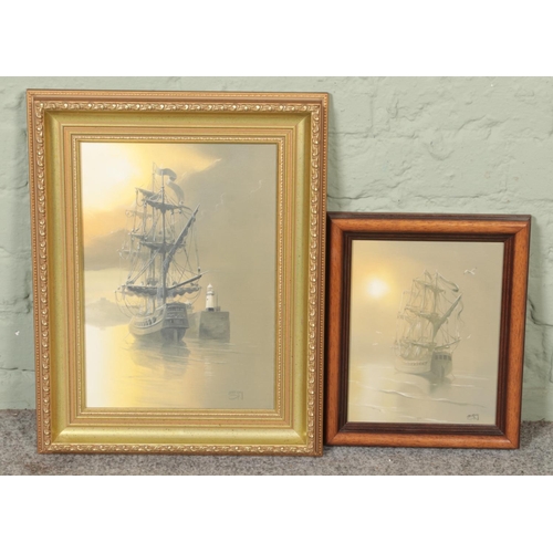 354 - I Guy (unknown); two framed oil on canvas paintings depicting similar seascape scenes of fishing boa... 