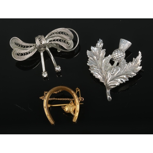 413 - Three decorative vintage brooches to include Robert Allison silver thistle (hallmarked Glasgow 1954)... 