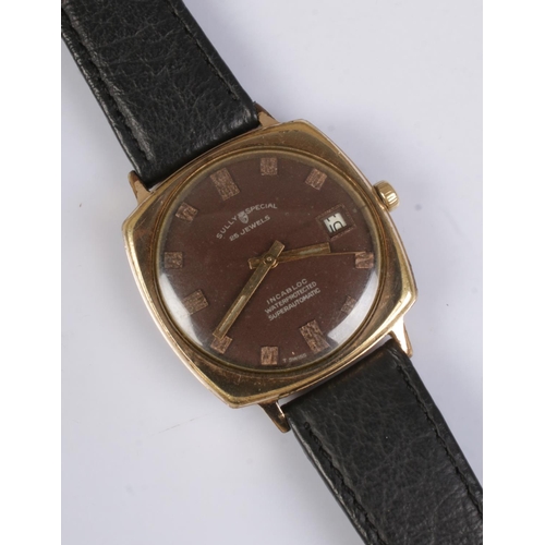 423 - A Sully Special 25 jewel wristwatch with black leather strap, brown face with baton markers.