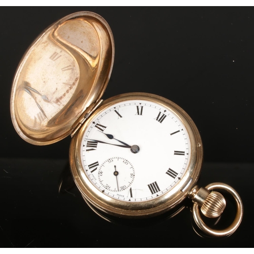 426 - A gold plated swiss made Elgin full hunters pocket watch with roman numeral dial.