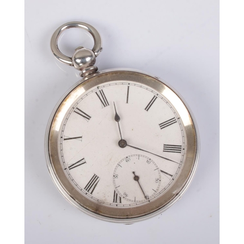 444 - A silver plated pocket watch featuring roman numeral dial. Marked fine silver to inside of case.