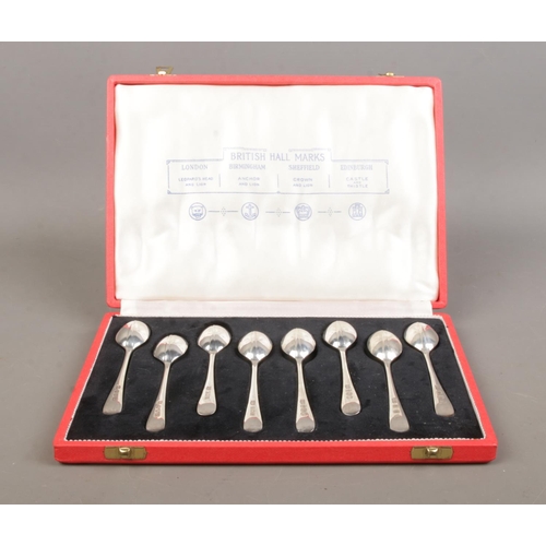 455 - A cased set of eight 'British Hallmarks' silver teaspoons with rat tail bowls. Four pairs of teaspoo... 