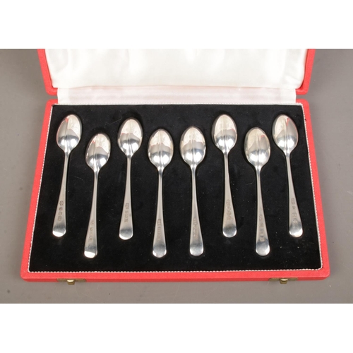 455 - A cased set of eight 'British Hallmarks' silver teaspoons with rat tail bowls. Four pairs of teaspoo... 