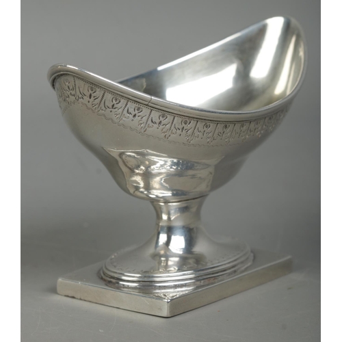 458 - A near pair of large Georgian silver salts, with elliptical bowls, both on stepped oval base; one wi... 