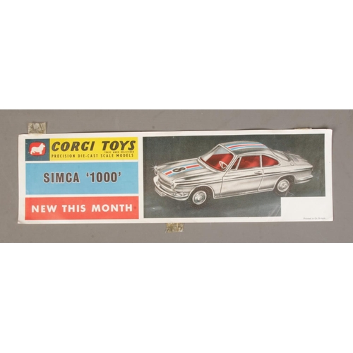 489 - An original Corgi Toys advertising leaflet/banner for Simca '1000', New This Month. 43.5cm long.