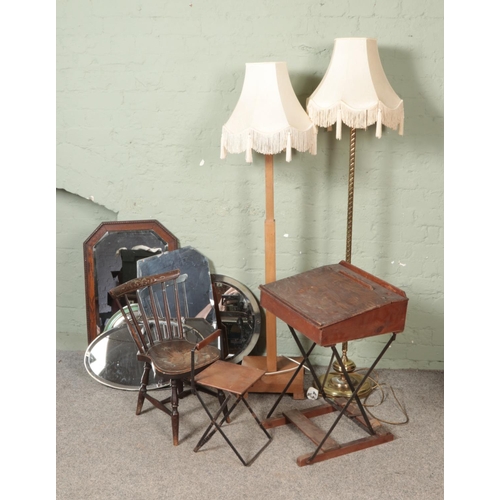 520 - A brass rope twist standard lamp with another wooden example, small child's school desk and child's ... 