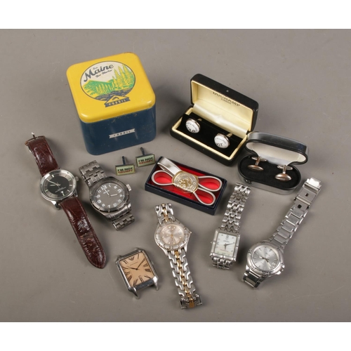 125 - A collection of watches and cufflinks. Includes Emporio Armani, Fossil, automatic example etc.