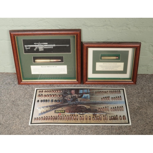 357 - A Speer bullet enamelled sign along with two framed displays for Barrett M82A1 50 cal. and 600 Nitro... 