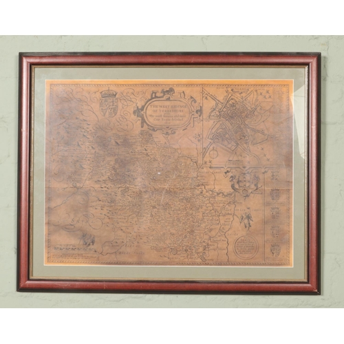 358 - After John Speed, a framed West Riding of Yorkshire map, dated 1610. 36cm x 48cm.