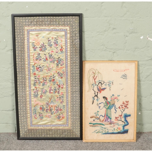 370 - A framed Chinese embroidery on silk along with another framed embroidery of a Geisha girl.