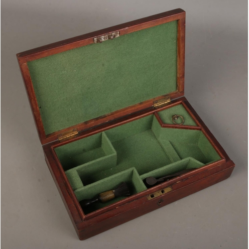 71 - A late 19th/early 20th century mahogany pistol box. Height 6cm, Width 25cm, Depth 15cm.