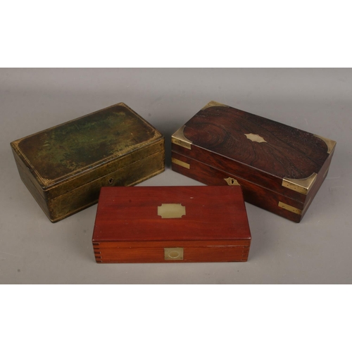 78 - Two brass bound boxes along with a Misuri jewellery box.