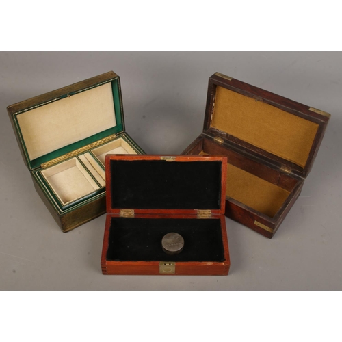 78 - Two brass bound boxes along with a Misuri jewellery box.