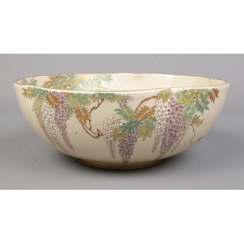 1 - A Japanese Kinkozan bowl decorated with Wisteria. Signed to base. Height 8cm, Diameter 21cm.