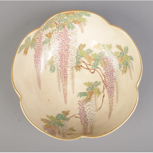 1 - A Japanese Kinkozan bowl decorated with Wisteria. Signed to base. Height 8cm, Diameter 21cm.