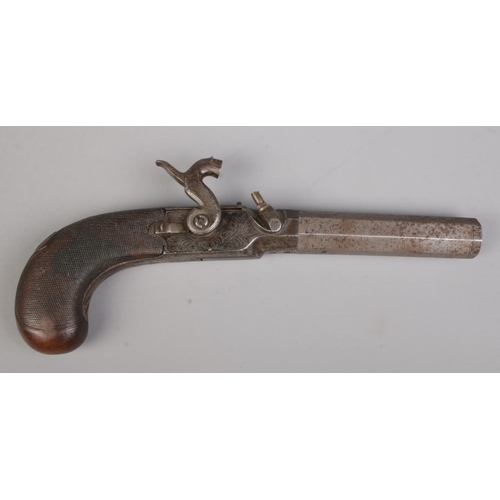 105 - A 19th century percussion cap pistol with octagonal screw off barrel. Makers mark for Clabrough, Lin... 