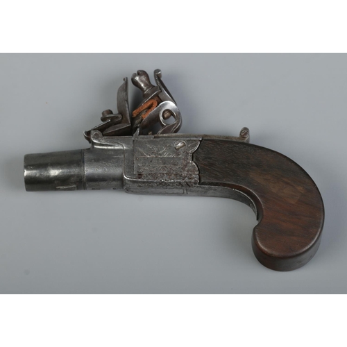 106 - An early 19th century flintlock pocket pistol. Having pull down trigger and screw off barrel. The lo... 