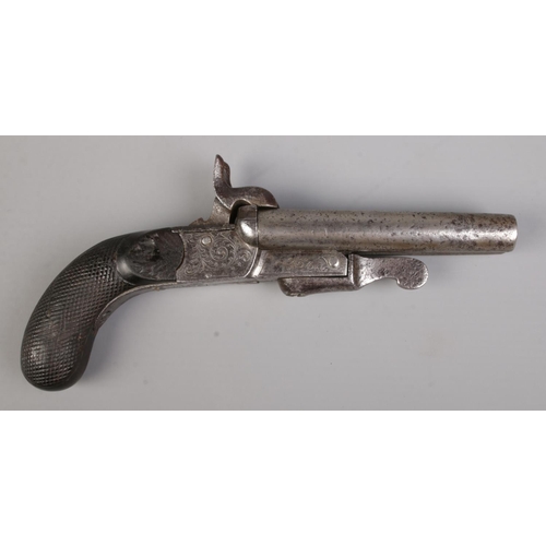 107 - A 19th century Continental double barrel percussion pistol. Length 19cm. CANNOT POST OVERSEAS.