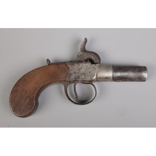 116 - A 19th century Wallis percussion cap pistol with cylindrical barrel. Length 15.5cm. CANNOT POST OVER... 