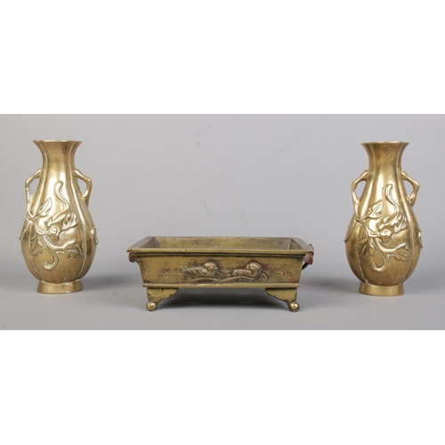 12 - A pair of Oriental bronze lobed baluster vases along with a similar bonsai planter. Height of vases ... 